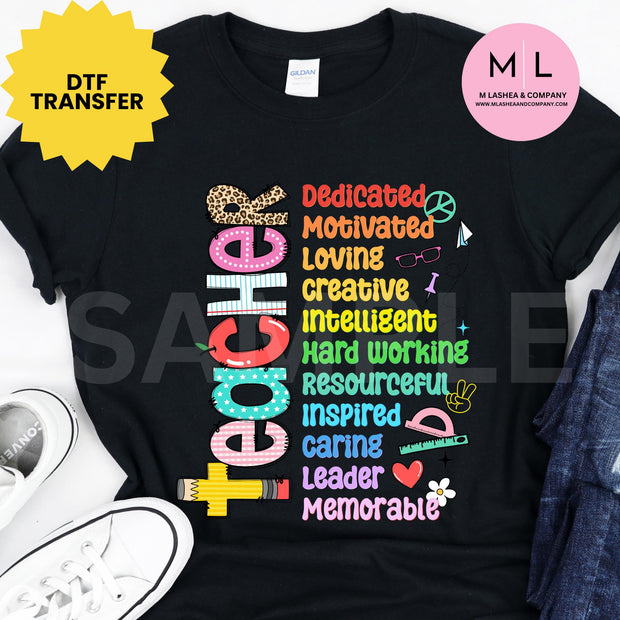 Colorful Teacher DTF Transfers