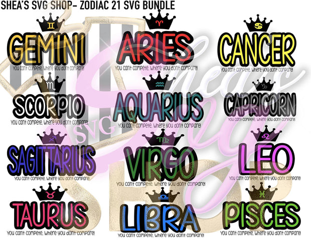 Zodiac 21 SVG Bundle plus Mocks Shown