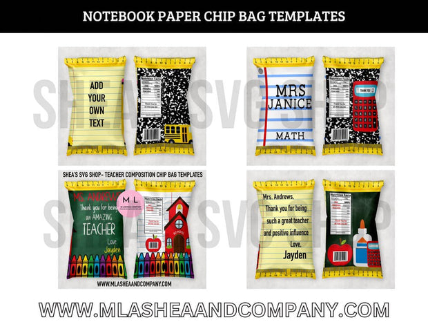 Notebook Paper Teacher Chip Bag Templates